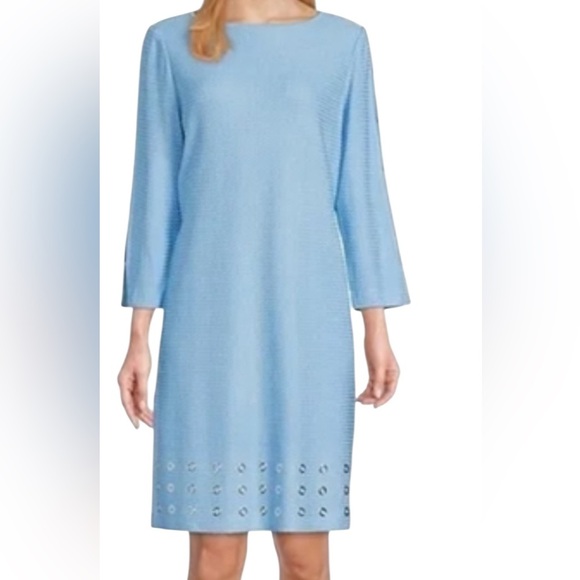 Ming Wang Blue Textured Split Sleeve Grommet Hem Shift Dress Size Large. A32 - Picture 1 of 15
